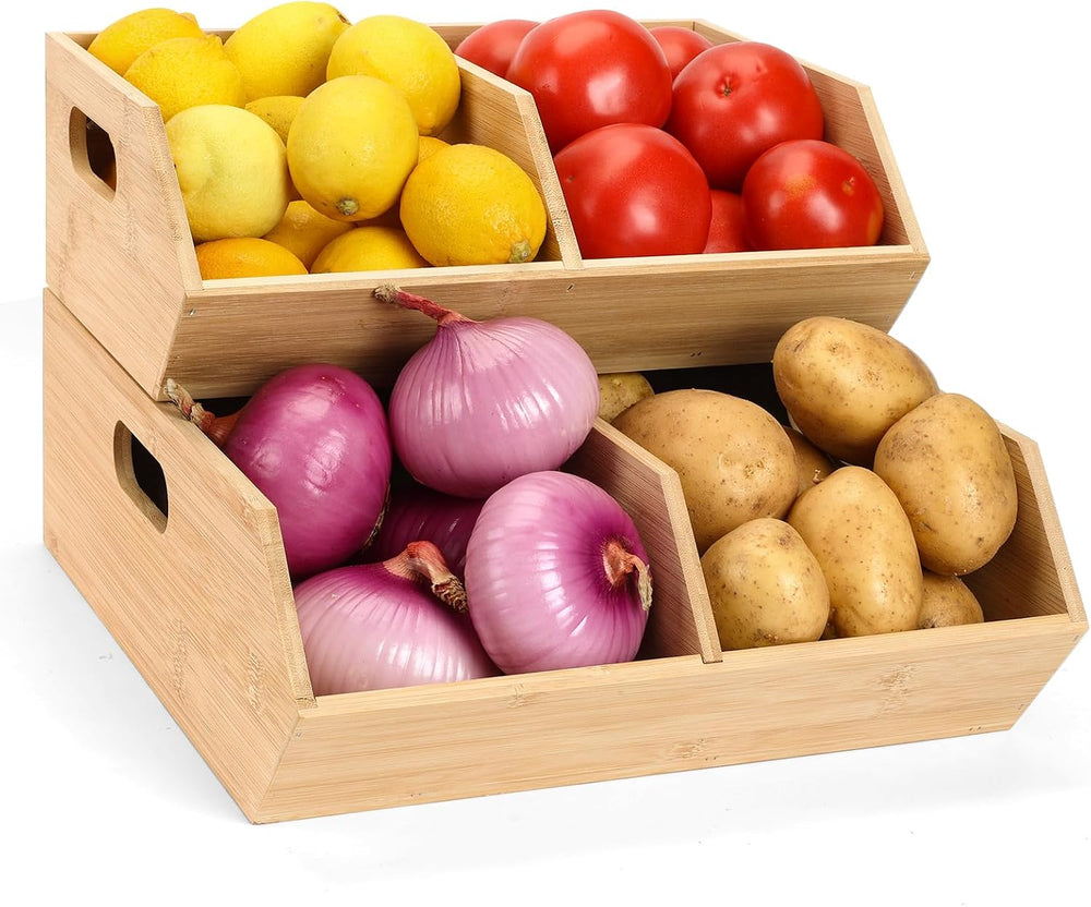 Bamboo Pantry Organizers and Storage Bins, 2 Set Stackable Baskets for Vegeta...