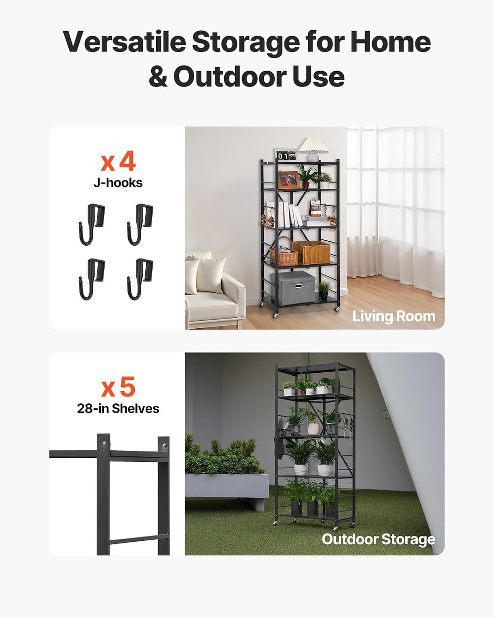 VEVOR 5-Tier Foldable Storage Shelf, 28W x 15D x 64H Inch Folding Metal Rack ...