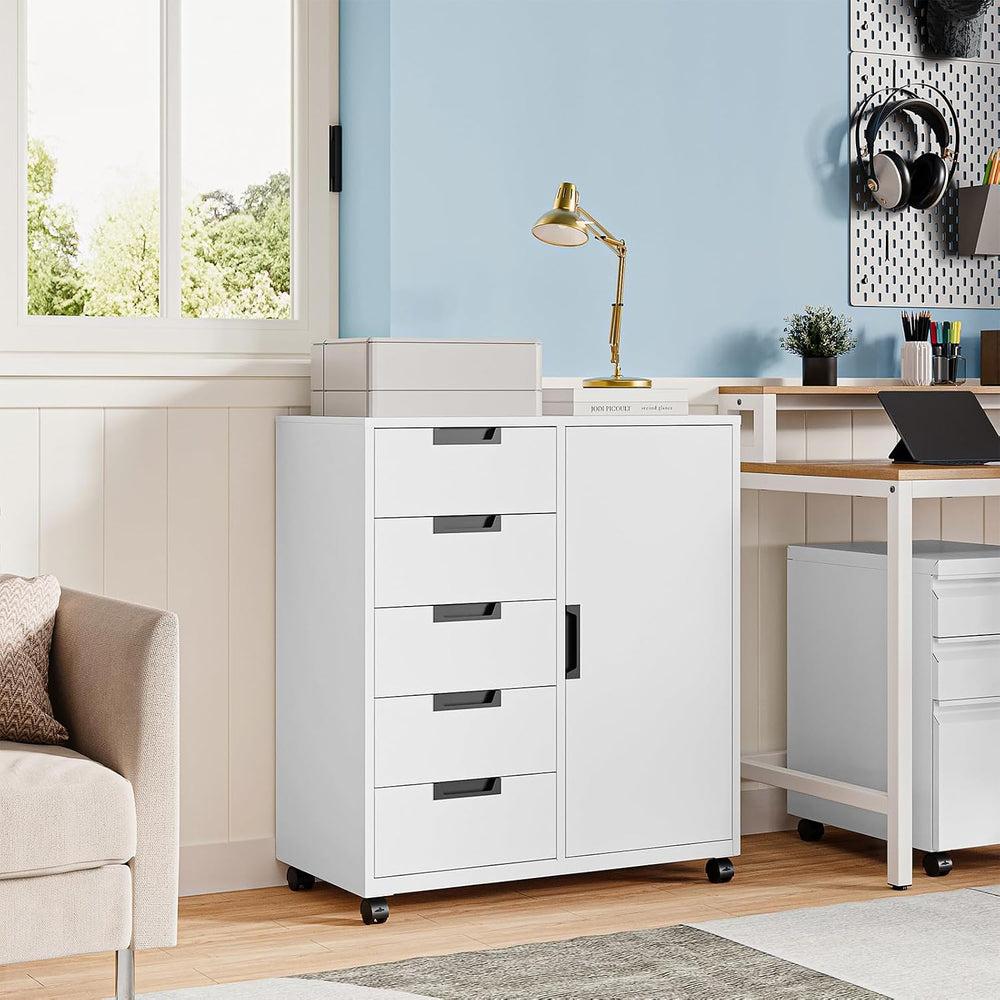 MIIIKO 5 Drawer Storage Cabinet with Door and Shelf, Mobile Lateral Cabinet o...