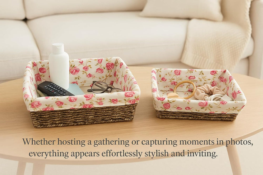 Set of 2 Corn Rope Woven Storage Baskets with Floral Fabric Liner, Decorative...