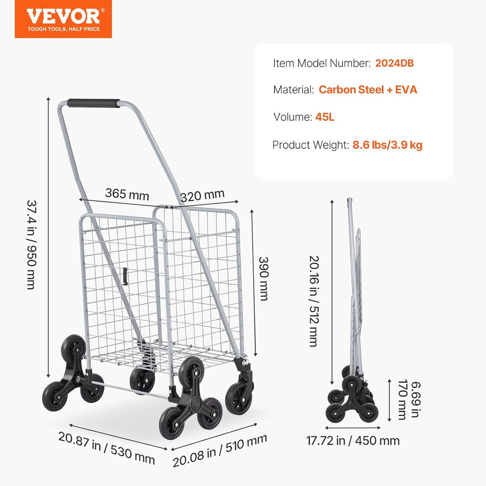 VEVOR Grocery Shopping Cart, 45L Stair Climbing Shopping Cart with 360° Rolli...