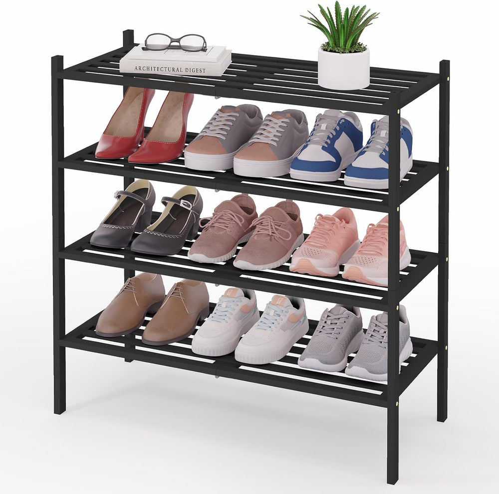 Smiry Bamboo Shoe Rack, 5 Horizontal Slats, 4 Tier - 26.8" Wide, Black