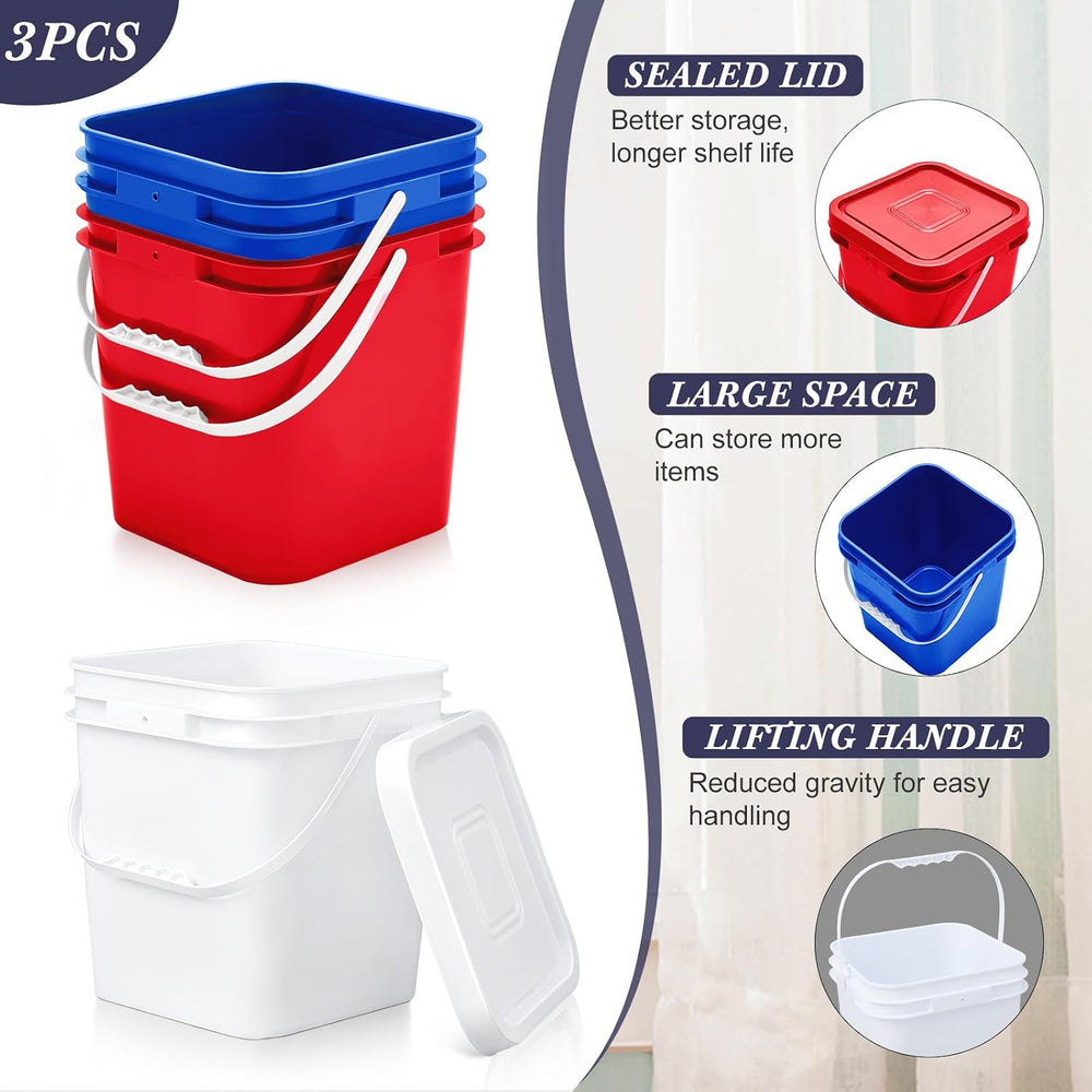 Mumufy 3 Pcs 3.5 Gallon Square Food Grade Bucket with Lid Square Bucket Pail ...