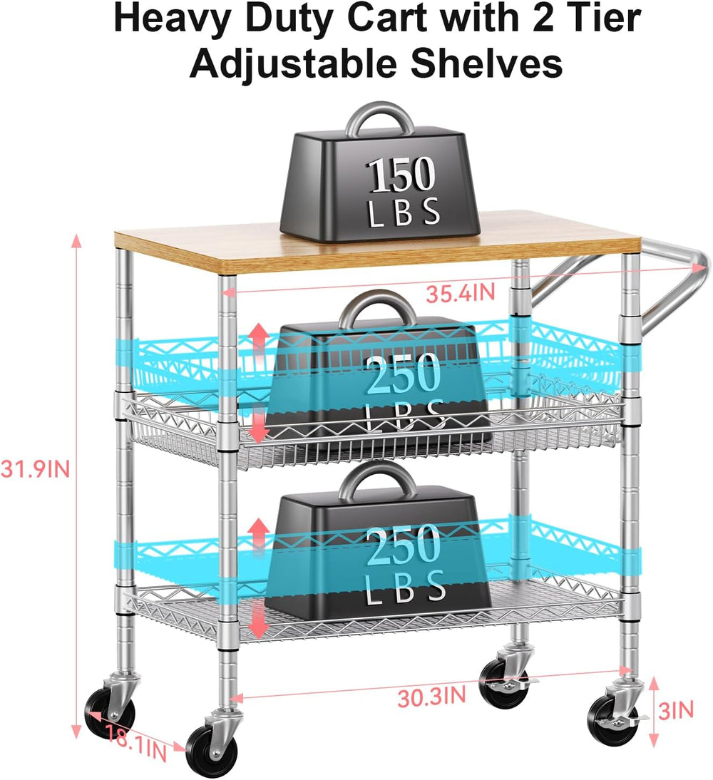 3 Tier Rolling Kitchen Carts with Wheels, Heavy Duty Rolling Utility Cart wit...