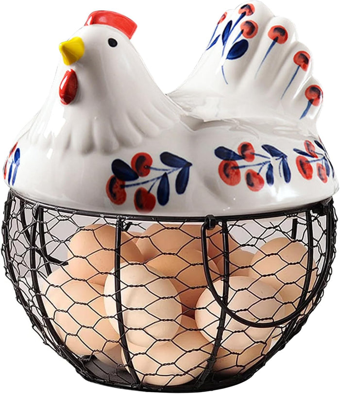 Ceramic Egg Holder, Hollow-Out Wire Chicken Egg Holder with Chicken Shaped Lid, Non Slip Basket Countertop with Handle for Gathering Fresh Eggs