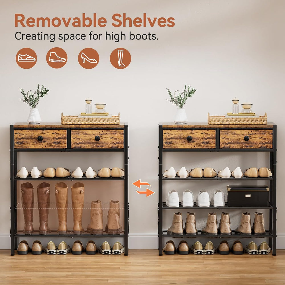 4 Tier Shoe Rack with 2 Drawers, 12-16 Pairs Rustic Brown