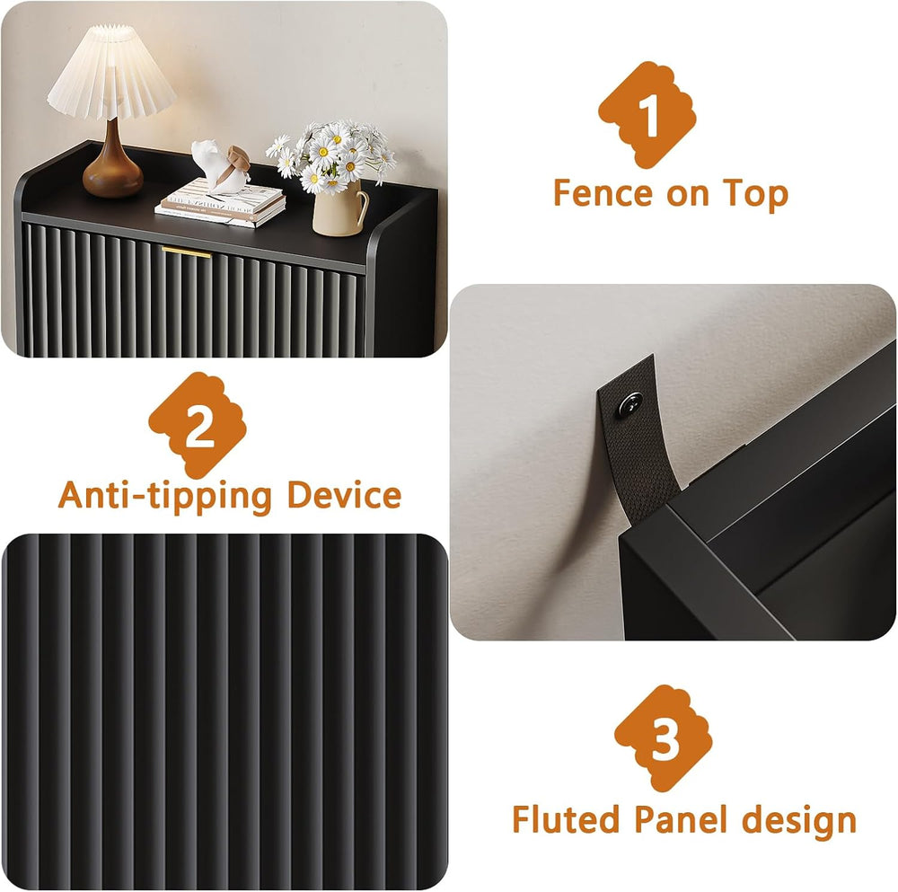 Black Fluted Slim Shoe Cabinet Storage with 3 Flip Drawers for Entryway