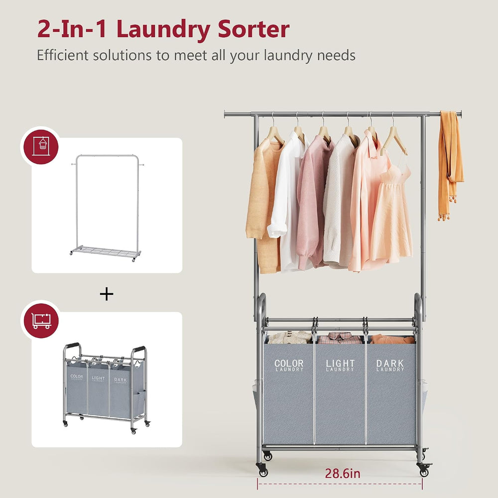 Tajsoon Laundry Sorter 3 Section, Laundry Cart with Hanging Rack, Gray