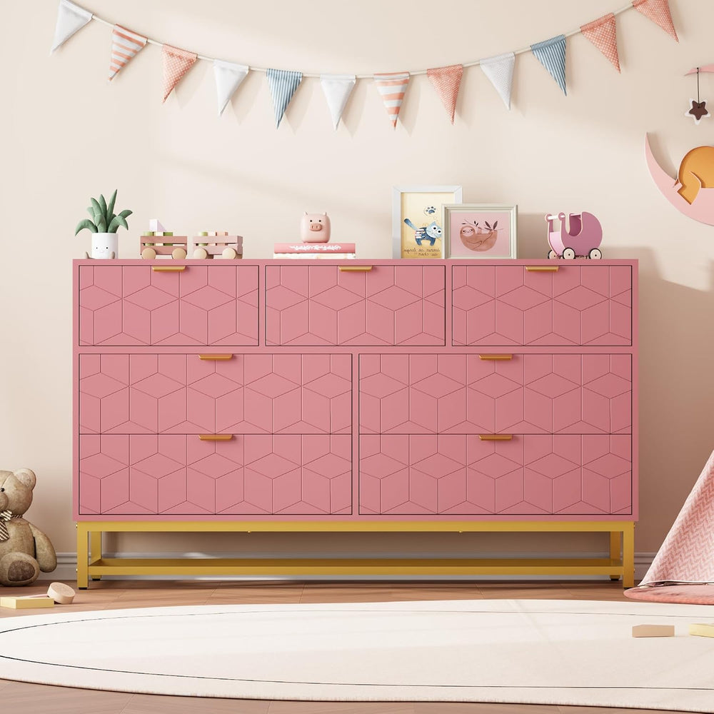 IDEALHOUSE Pink 7 Drawer Dresser for Bedroom, 53.5” Large Dresser with Metal ...