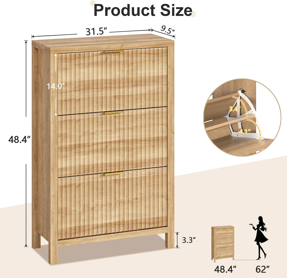 32" Fluted Shoe Cabinet Storage with 3 Flip Drawers for Entryway, Hallway