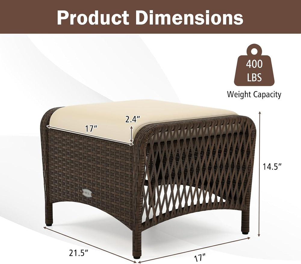 RELAX4LIFE 2-Piece Wicker Outdoor Ottoman - Rattan Footstools w/Removable Cus...