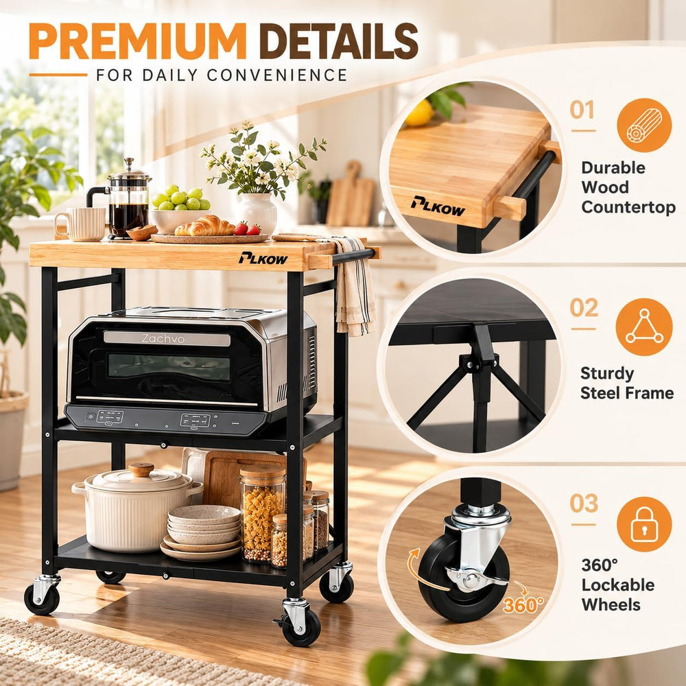 Foldable 3-Tier Rolling Kitchen Cart with Solid Oak Top, Black