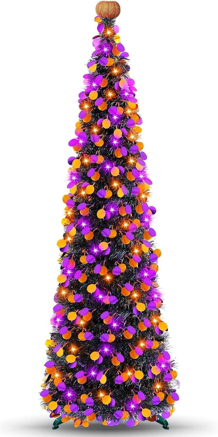 5FT Halloween Tree Decorations Indoor, Pop-up Orange Purple Halloween Tinsel Tree with Timer String Lights, Collapsible Pencil Tree for Fall Halloween Decorations Indoor Home Party Decor