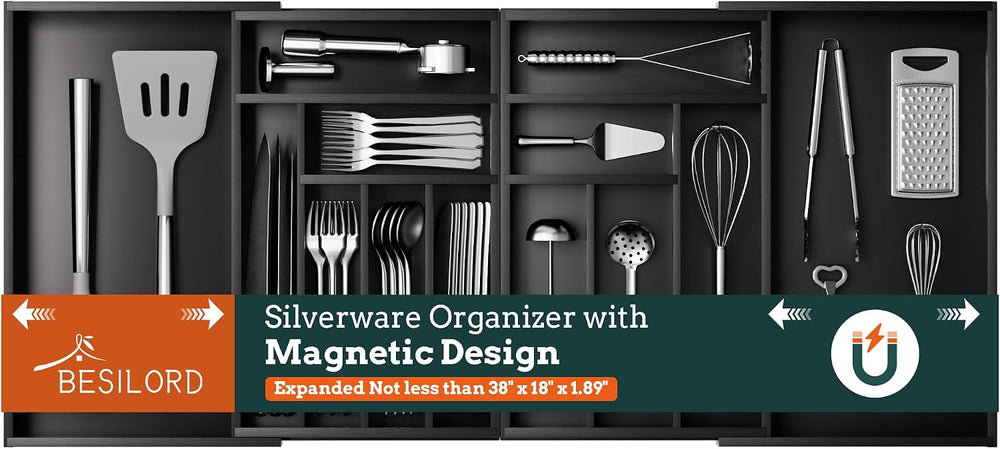 Silverware Organizer Large, Magnetic Connected Expandable 13 Slots Silverware...
