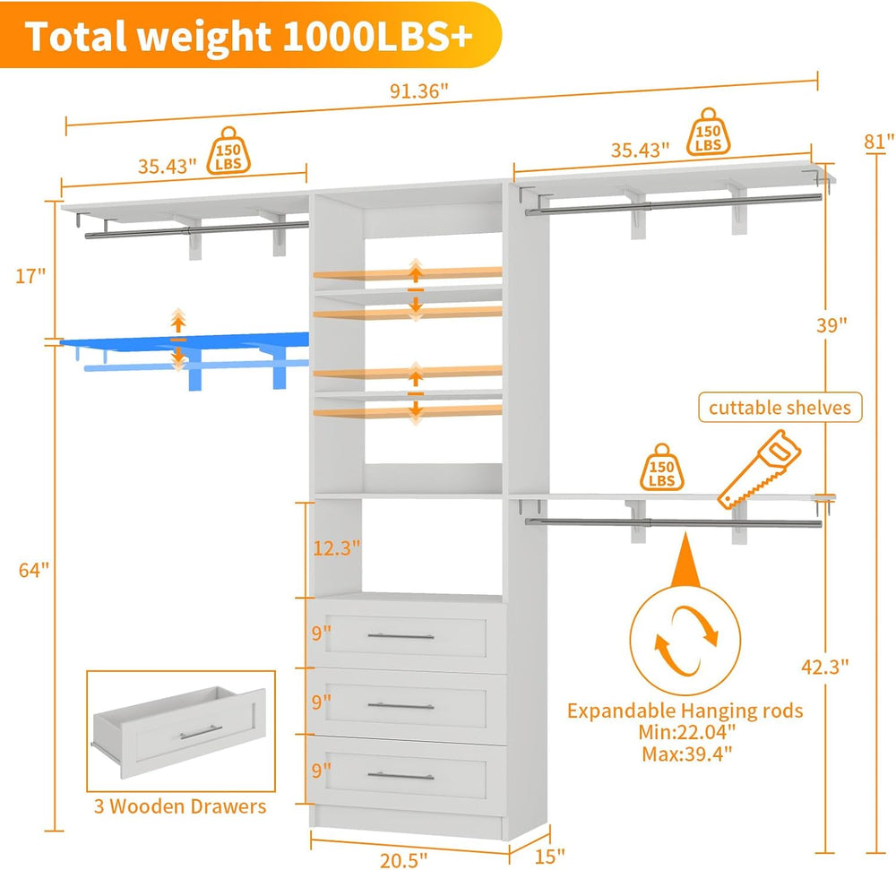 Closet System with 3 Wood Drawers, 5-7.61FT Closet Organizer System with Cutt...