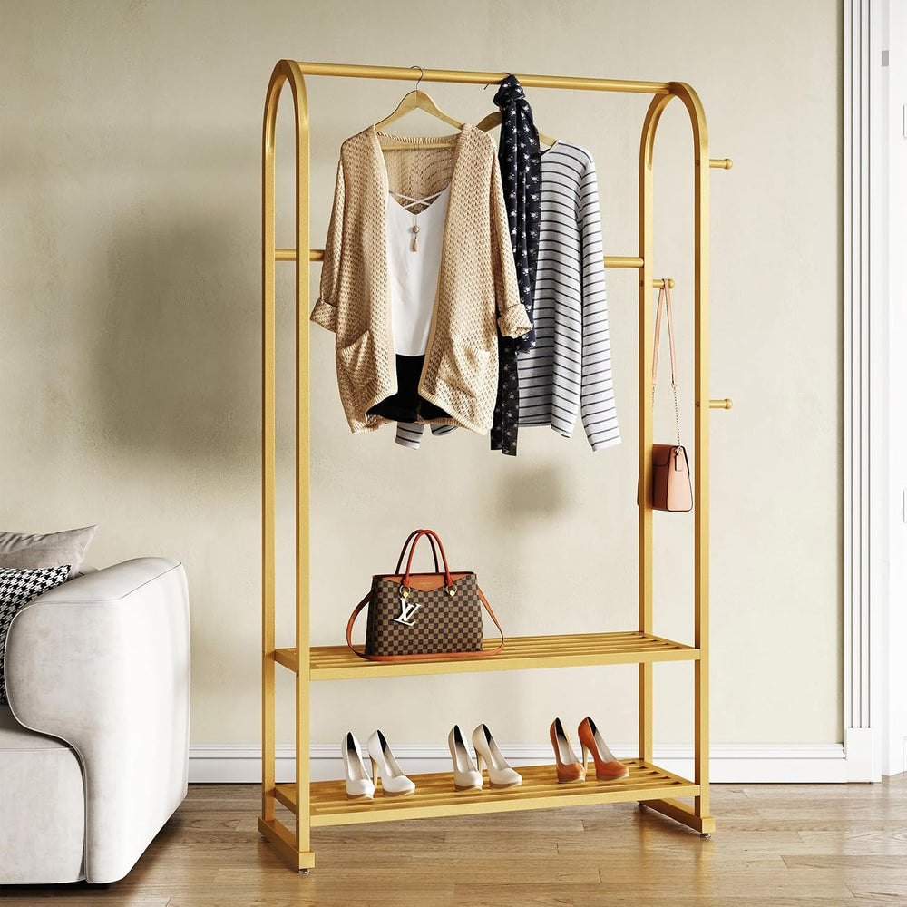 Gold Clothing Rack with 2 Shelves and Side Hooks,Freestanding Metal Garment R...