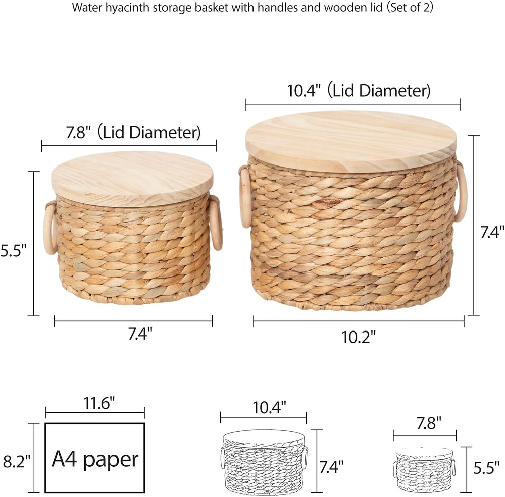 Woven Water Hyacinth Storage Basket Set of 2 with Lids