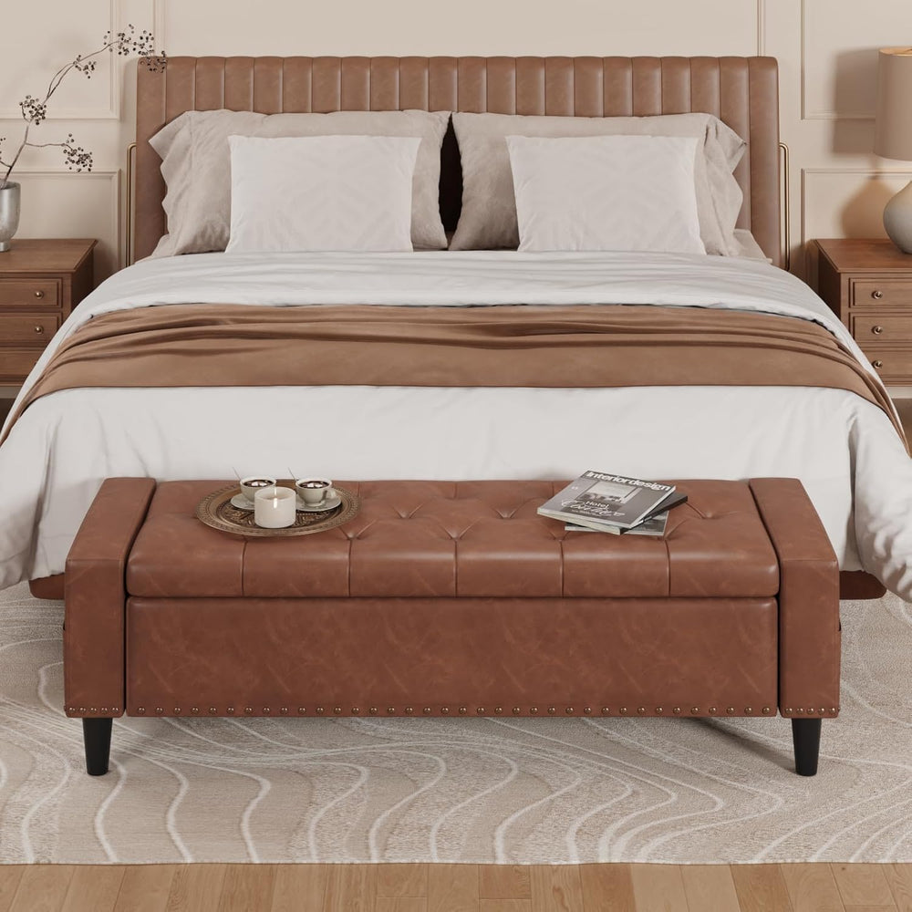 60" Storage Ottoman Bench, Faux Leather Upholstered Bed Bench, Brown