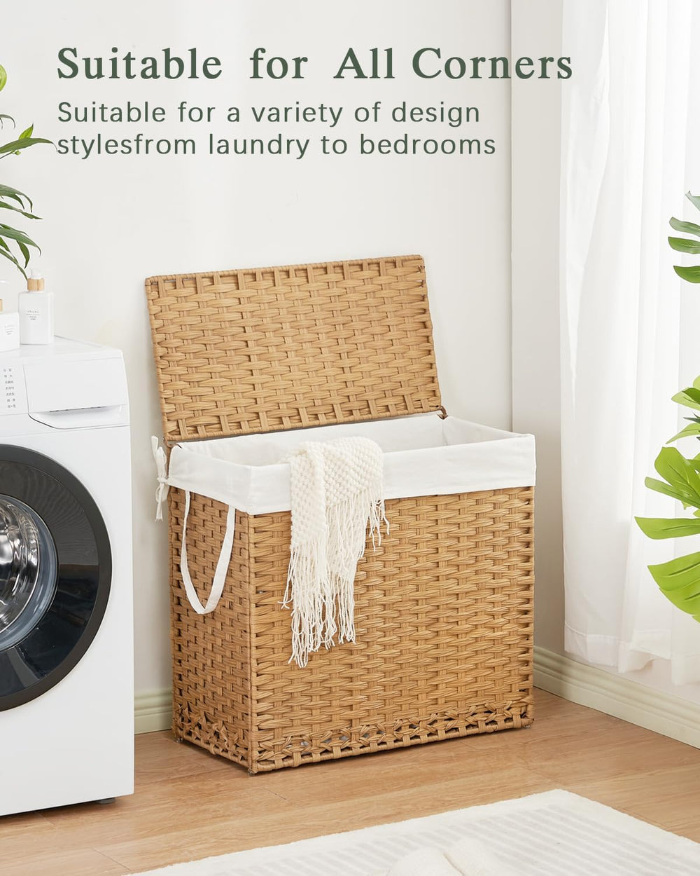 SETVSON Laundry Hamper with Lid Laundry Basket 132 L PE Rattan Natural