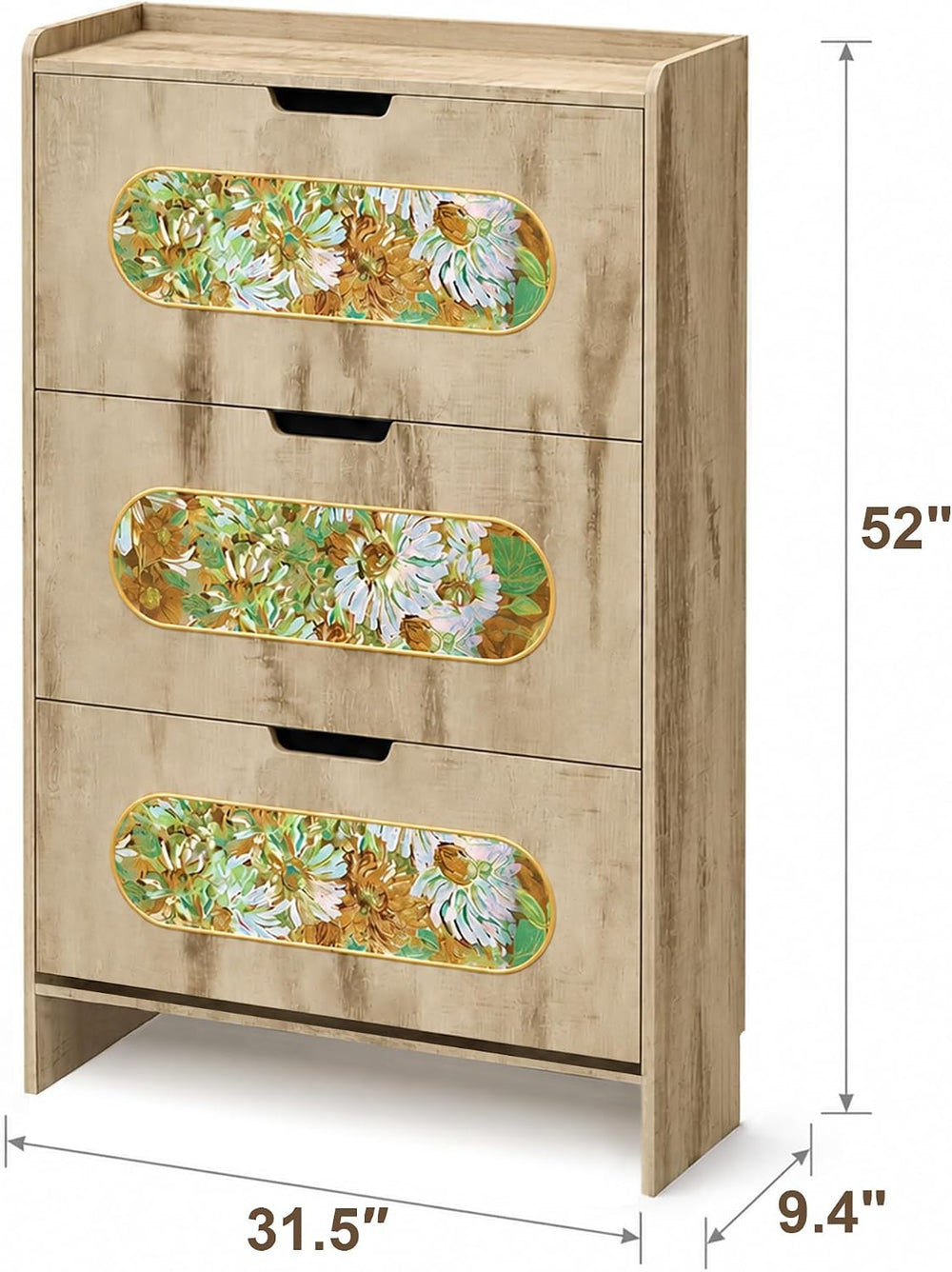 Shoe Cabinet with 3 Flip Drawers and Floral Fabric Panels, Light Oak