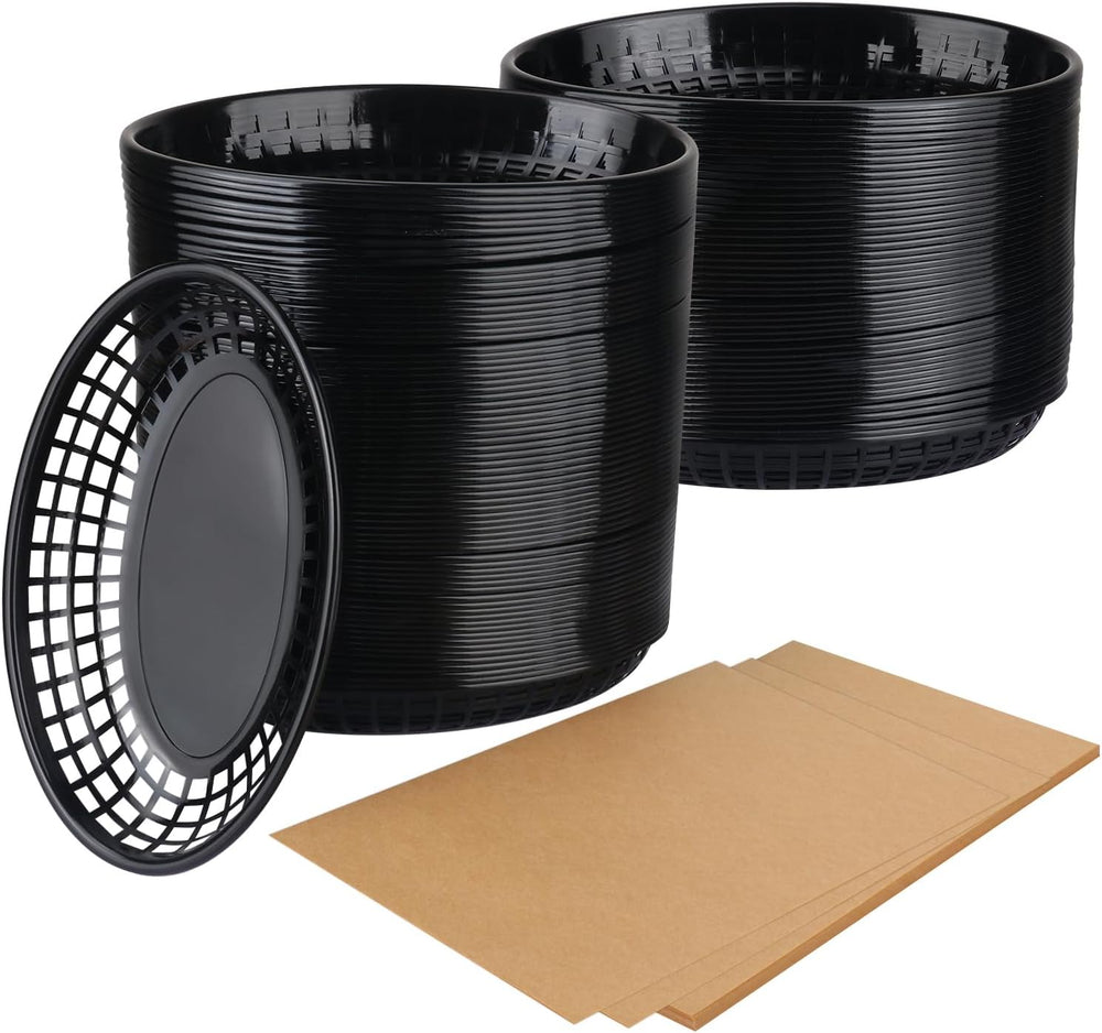 95 Pcs 9 x 5.7 Inch Reusable Black Oval Fast Food Baskets, Sturdy Plastic Pla...