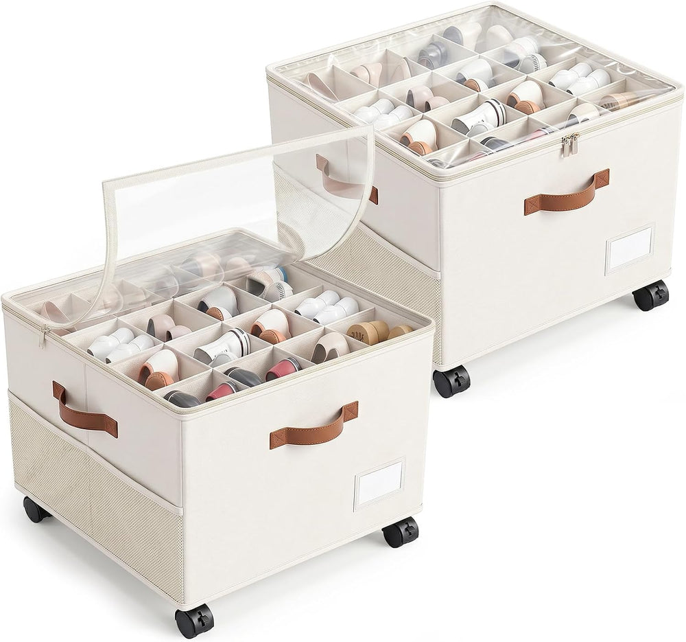 Shoe Organizer for Closet with Wheels - 2 Pack Shoe Storage Box Bin Cubes