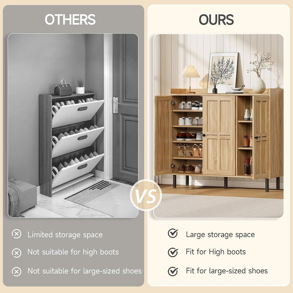 ONBRILL Large Shoe Cabinet with 3 Doors & Adjustable Shelves (Natural Oak)