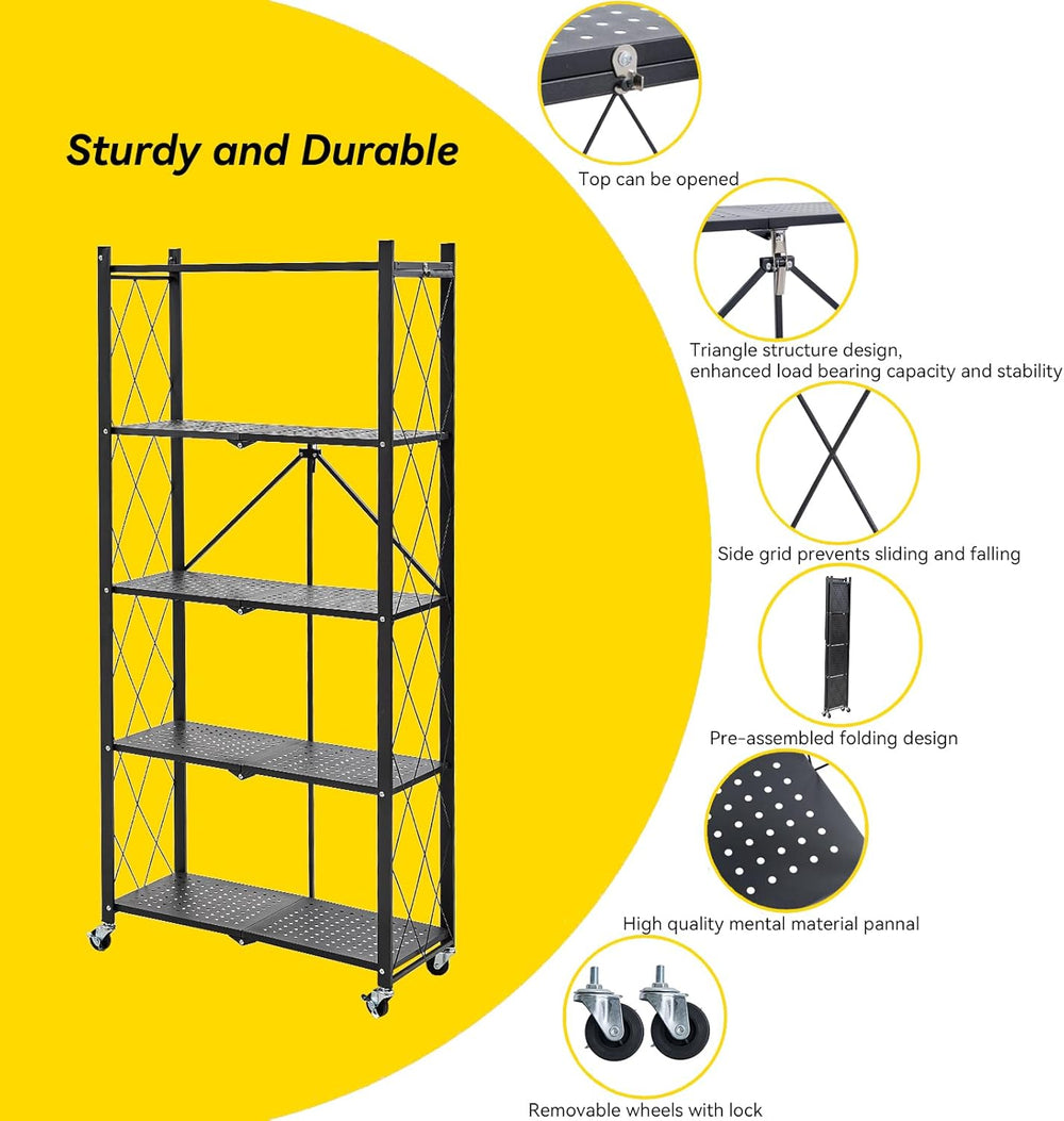BRIAN & DANY 5-Tier Foldable Storage Shelves with Wheels, Folding Metal R...
