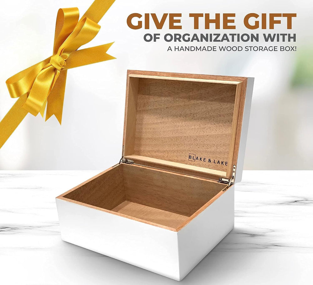 Blake & Lake Large Wooden Keepsake Box - White, Hinged Lid - Decorative S...