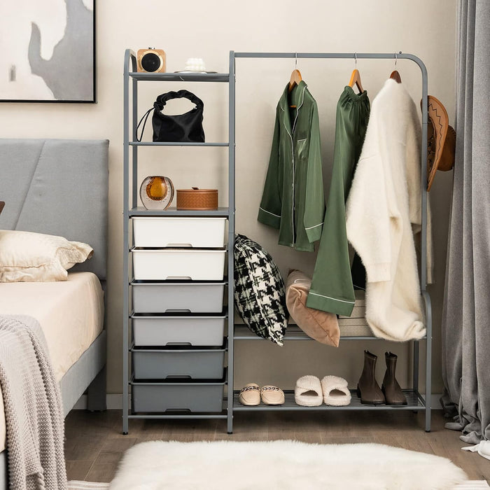 Tangkula Heavy Duty Clothes Rack with 6 Removable Drawers, 3-Tier Open Shelves & 2-Tier Metal Shoe Rack, Side Hook, Garment Rack with Adjustable Feet, Freestanding Closet Organizer for Closet, Bedroom