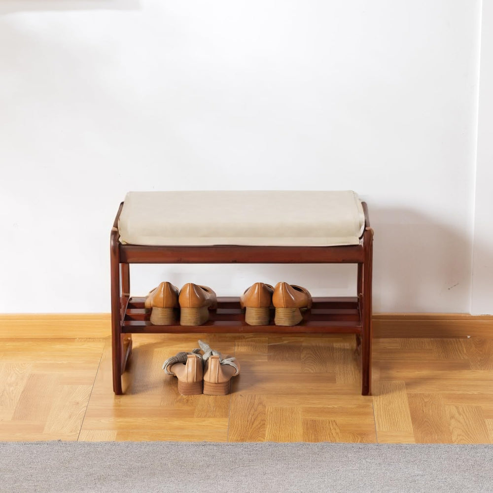 latifolia Solid Wood Bench, Entryway Shoe Bench with Cushion, 2 Tier Shoe Sto...