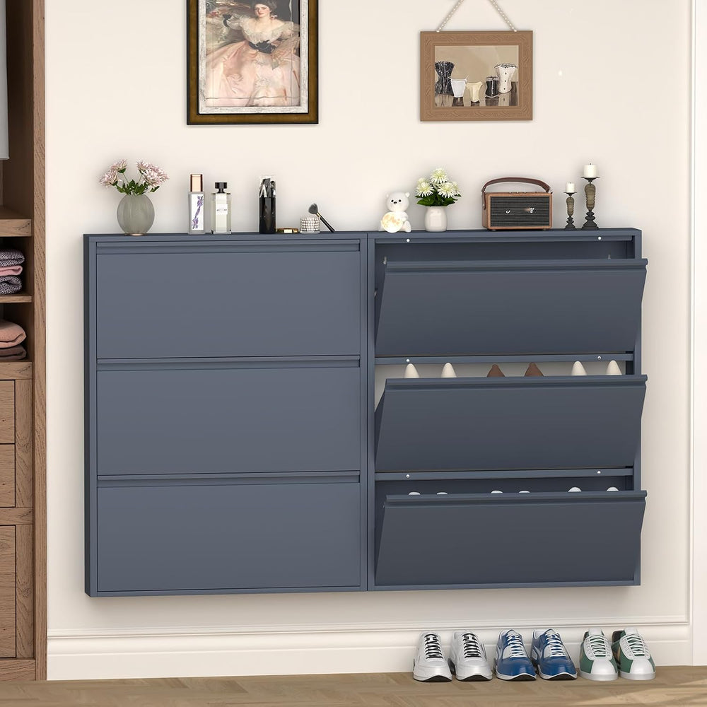GREATMEET Slim Wall Mounted Metal Storage Cabinet with 3 Flip Drawers