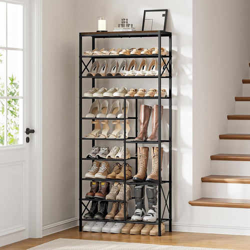 10-tier shoe rack, boot storage for closet, rustic shown in use