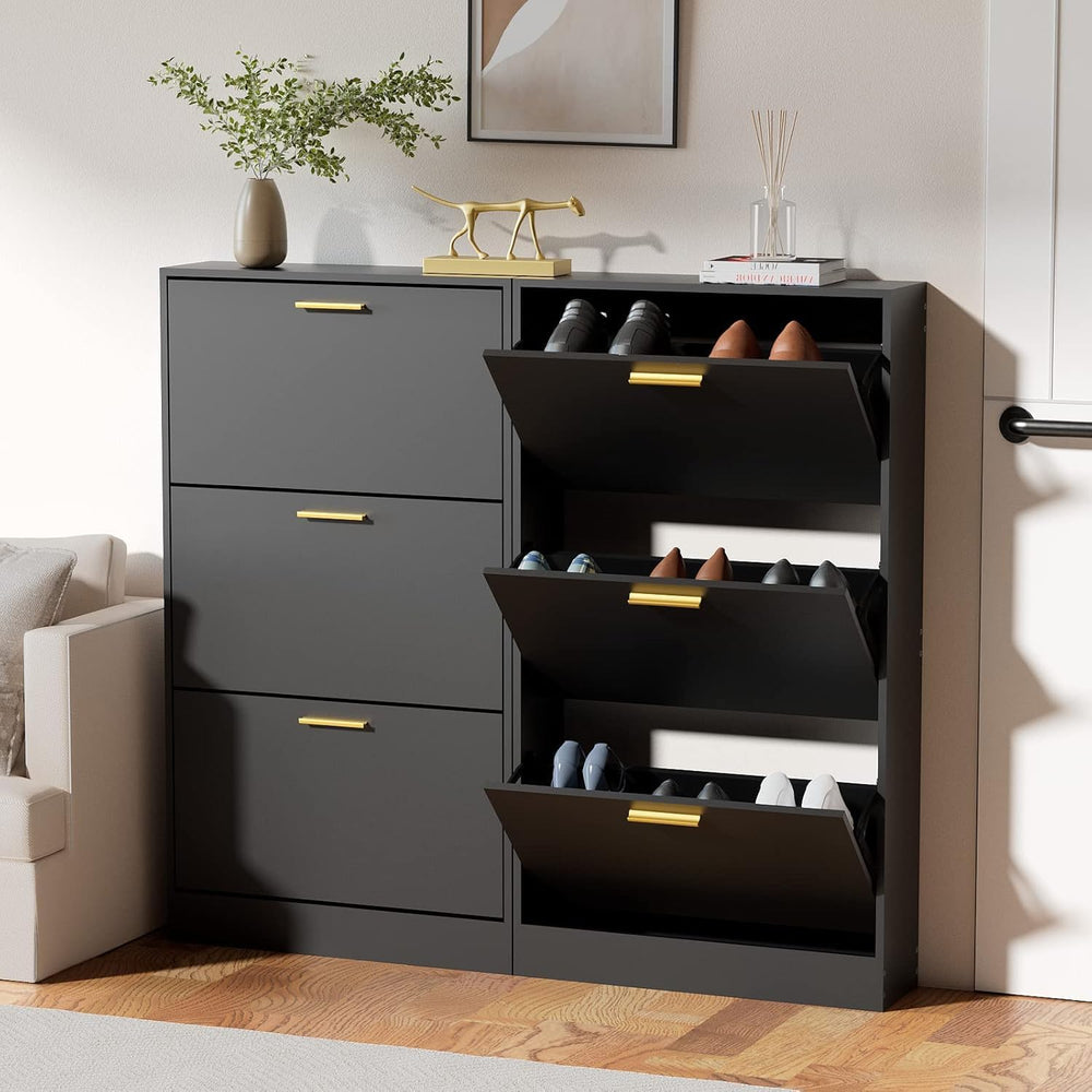 JOZZBY Modern Shoe Cabinet Storage with 3 Flip Drawers, Black丨Slim Freestandi...