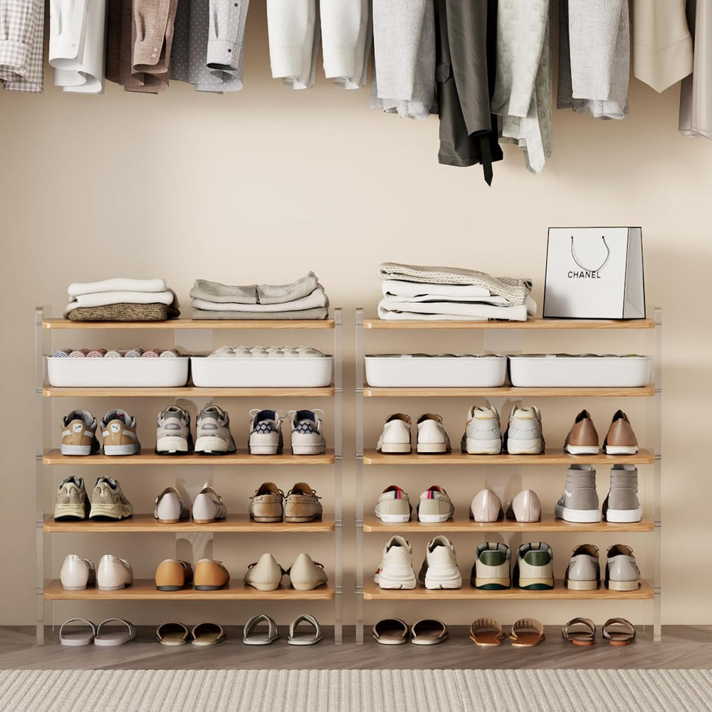5-Tier Shoe Rack, Wood Acrylic Shoe Shelf, Natural, 29" W
