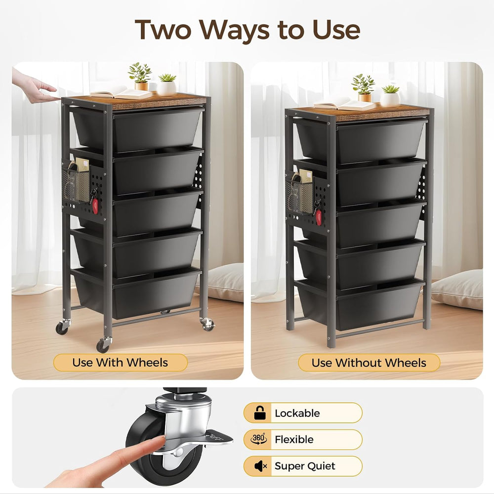 Rolling Cart with 5 Drawers, Plastic Drawer Storage Carts with Wheels & W...