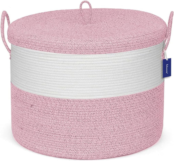 21" x 18" Extra Large storage baskets,Eco-friendly Decorative blanket basket with lid for Living room,rope baskets with lid,wicker hamper for bedroom,Big,Round,Pink 115L