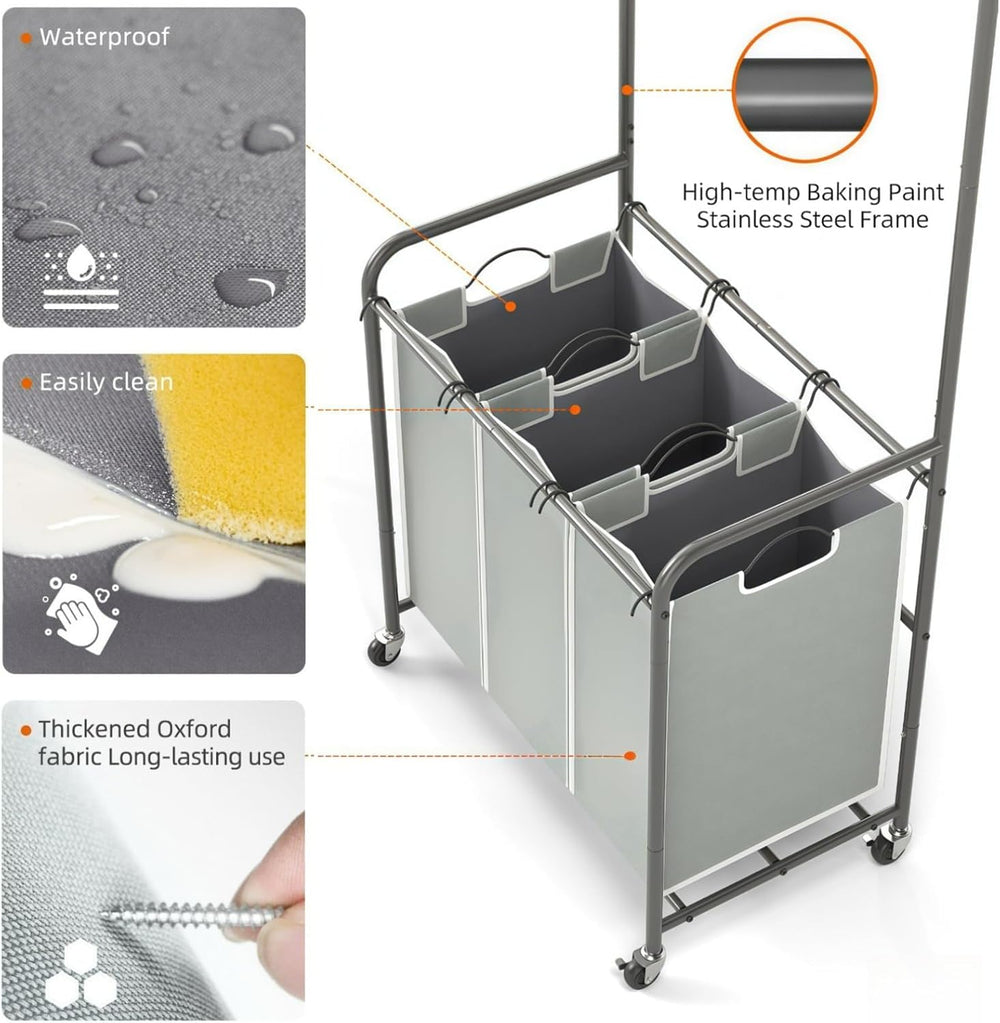 ROMOON Laundry Sorter Hamper with Hanging Bar, 3 Section Laundry Cart