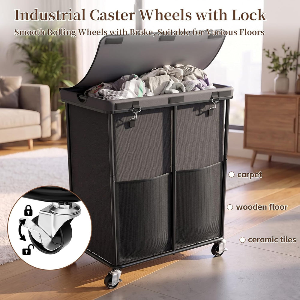 Laundry Hamper with Wheels and Lid, 225L Large Rolling Laundry Basket Gray