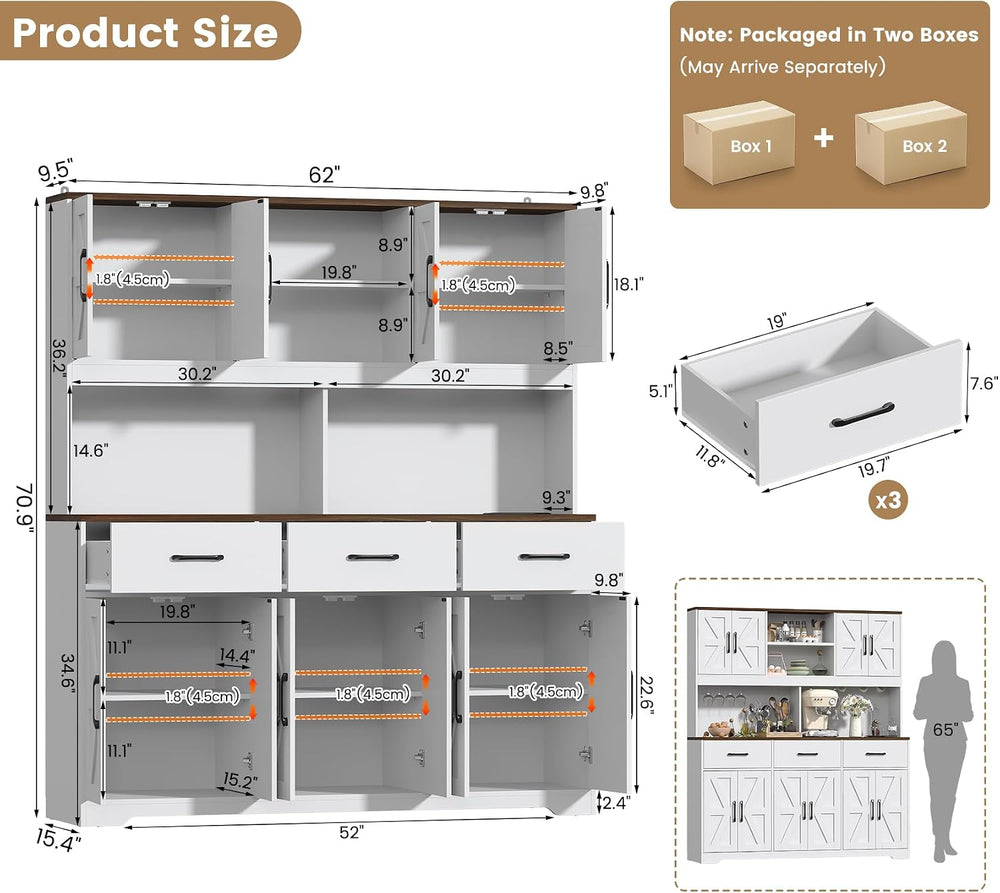 71" Tall Kitchen Pantry Cabinet with Charging Station, 62" W Food P...