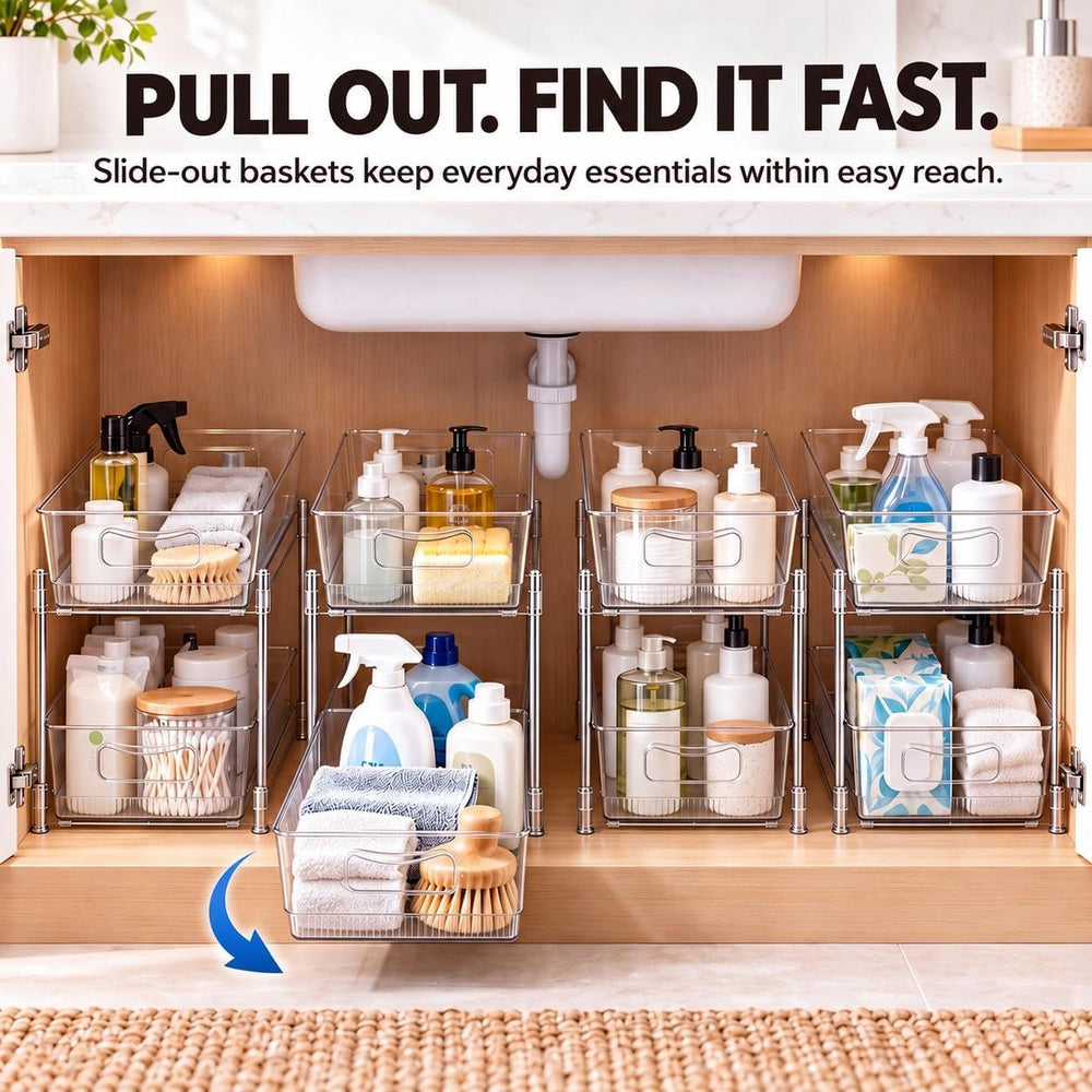 4 Pack Pull Out Bathroom Under Sink Organizer, Clear 2-Tier Cabinet Storage