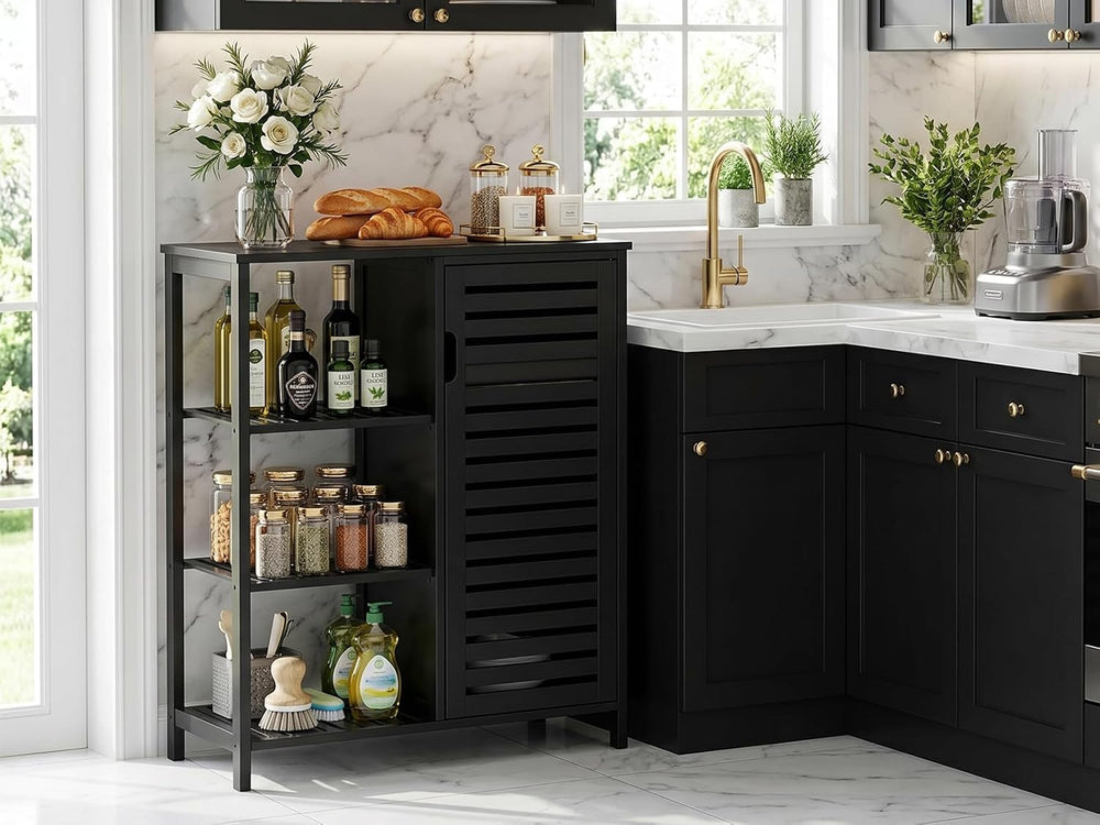 Bathoom Storage Cabinet, Bamboo Floor Cabinet with Single Door and 3 Open She...
