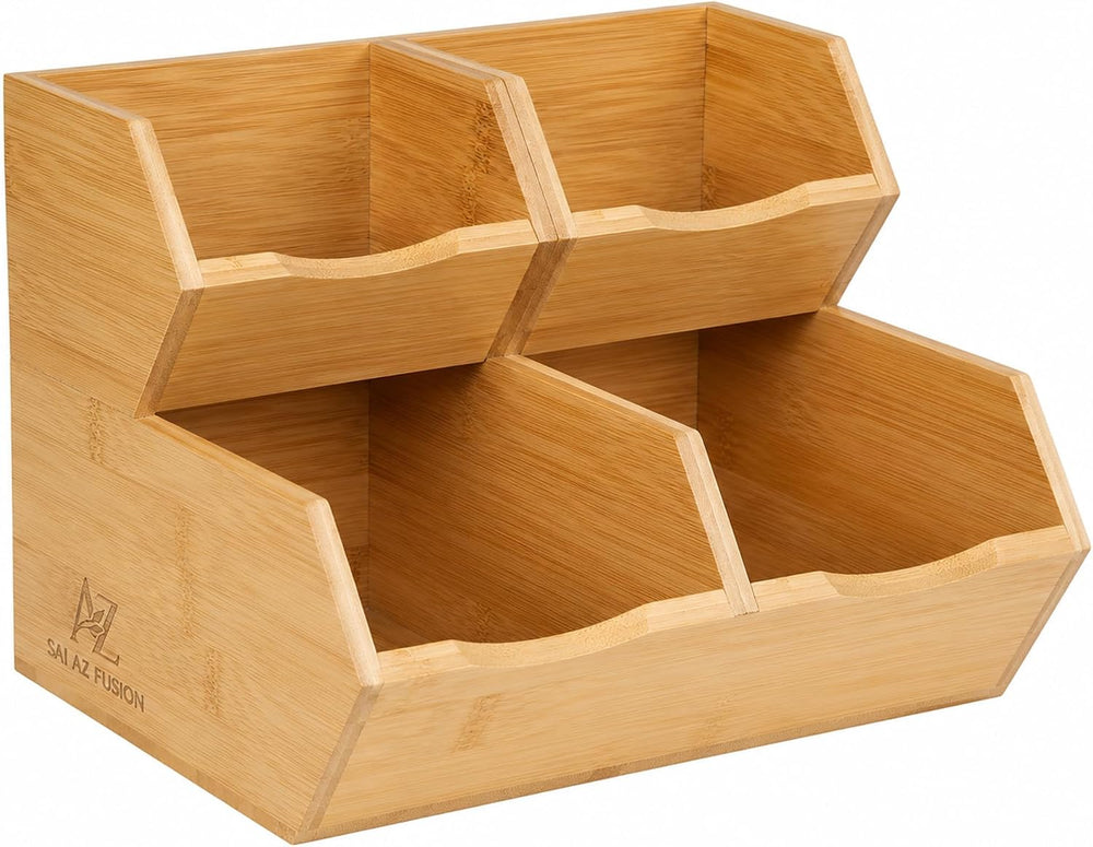 Bamboo Pantry Storage Bins - Set of 4 (2 Large, 2 Small) Stackable Potato and...