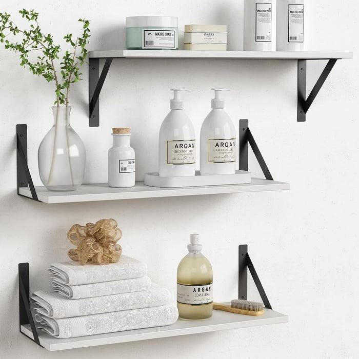 White Floating Shelves 24 inches Long Set of 3, 24 x 8 Inch Bathroom Wall Shelves Over Toilet for Towels, Modern Wood Mounted Storage Shelf for Bedroom Living Laundry Room Kitchen Office Closet