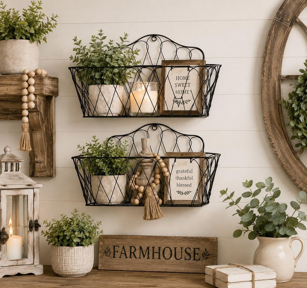 Farmhouse Hanging Wall Storage Baskets Set of 2, Metal Wire Wall-Mounted Bask...