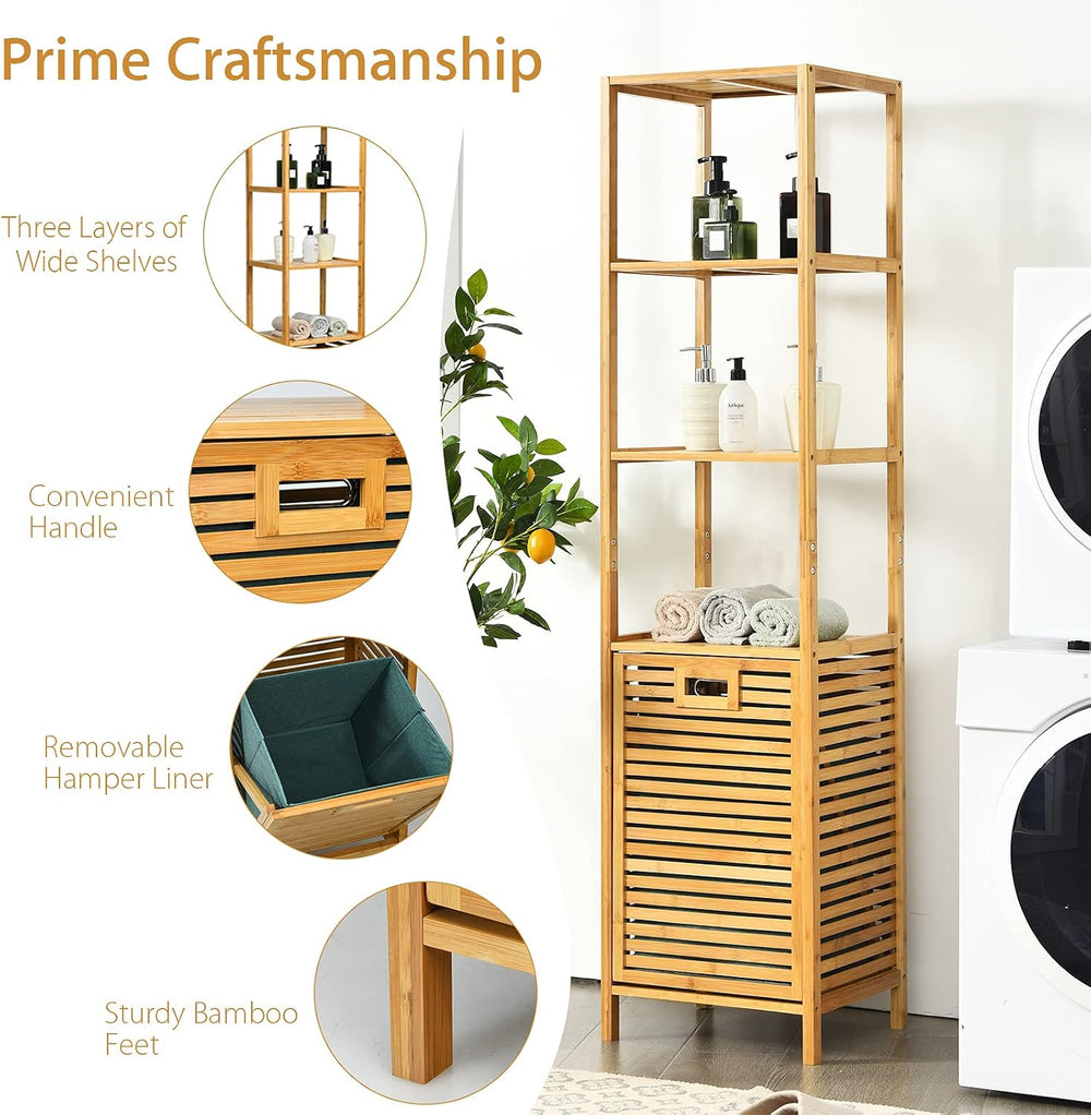 4 Tier Bamboo Shelves with Tilt Out Laundry Hamper, Freestanding Storage Shel...