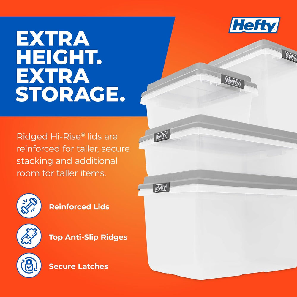 Hefty 113 Qt Hi-Rise Storage Bin with Lid, Stackable Plastic Storage Containe...