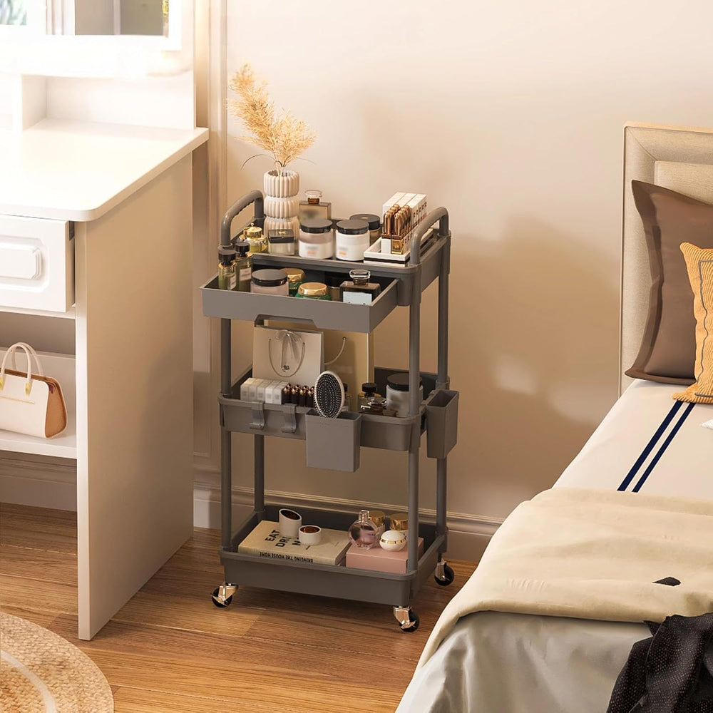 3 Tier Rolling Utility Cart with Drawer, Plastic Storage Organizer Rolling Ca...