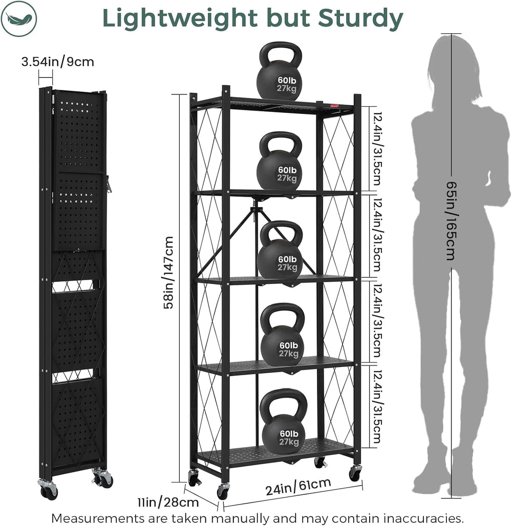 DEANIC 5-Shelf Folding Bookcase with Wheels, Rolling Bookshelf Heavy Duty Sto...