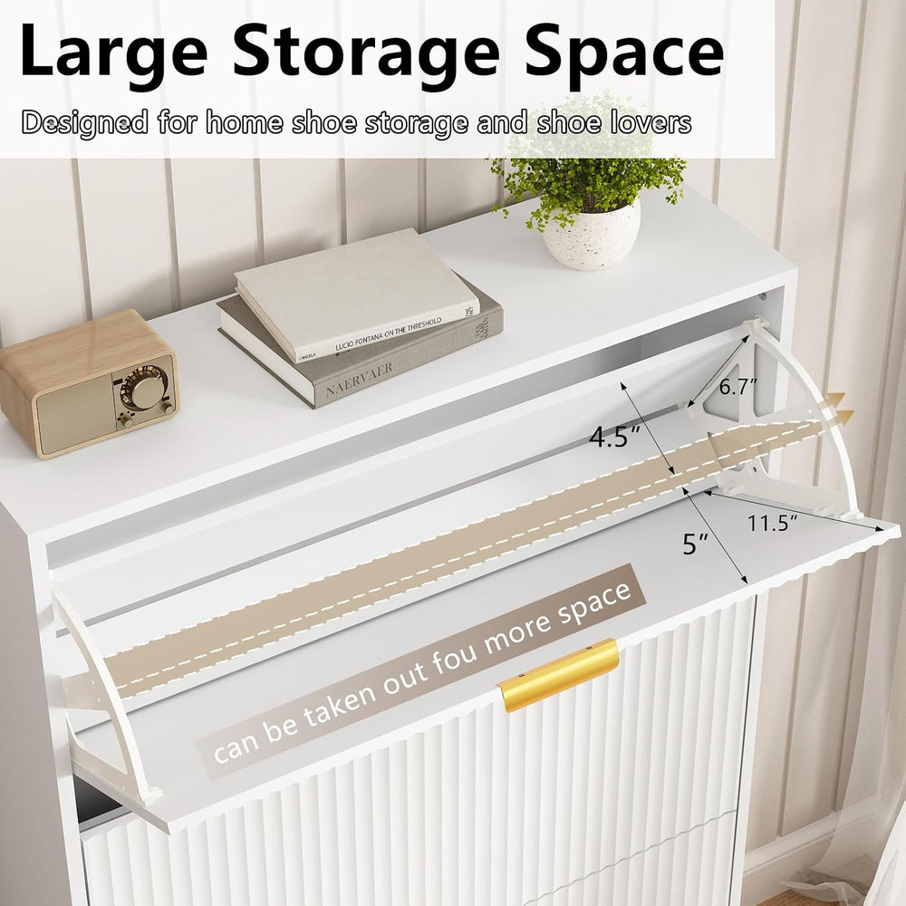 48"H Fluted Shoe Storage Cabinet with 3 Flip Drawers for Entryway, White